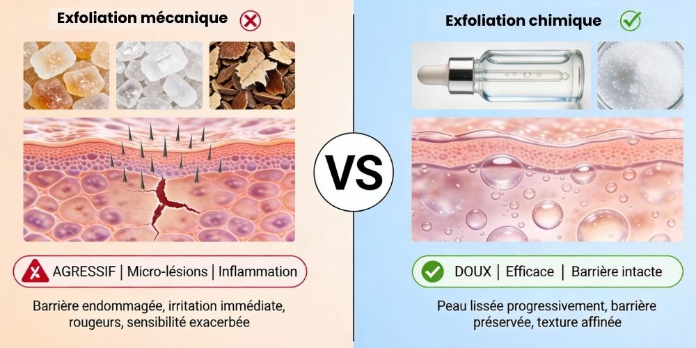 Infographie comparative exfoliation mécanique versus chimique : côté gauche cristaux de sucre et sel rayant la peau avec micro-lésions et inflammation, côté droit sérums et poudres chimiques dissolvant doucement les cellules mortes sans endommager la barrière cutanée